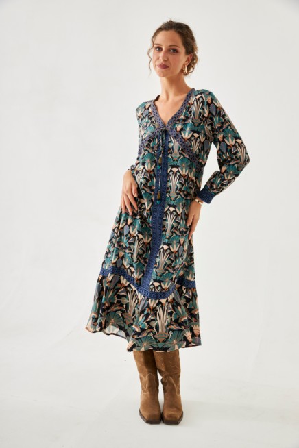 EMBROIDERED RIBBONS PRINTED DRESS
