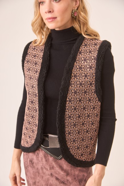 VISCOSE VEST GEOMETRIC FLOWER EMBROIDERY FLOWER QUILTED LINING
