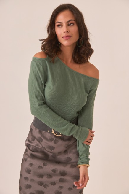 ASYMMETRICAL LONG SLEEVE TOP WITH CUT OUT AT SHOULDER