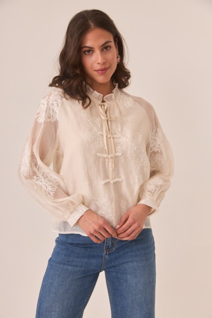 ORIENTAL INSPIRED BLOUSE WITH EMBROIDERY FABRIC