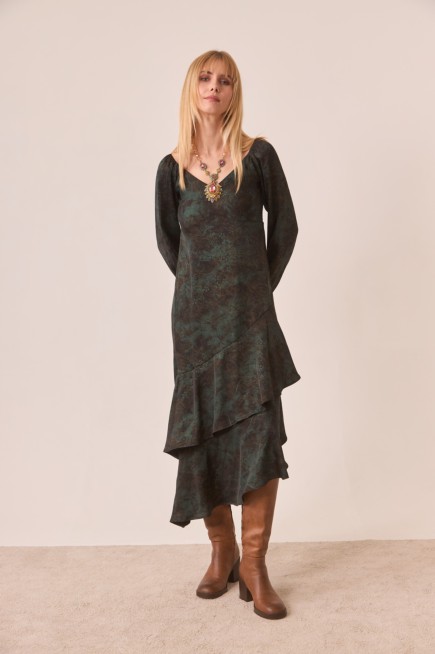 ASYMMETRICAL RUFFLED PRINTED DRESS