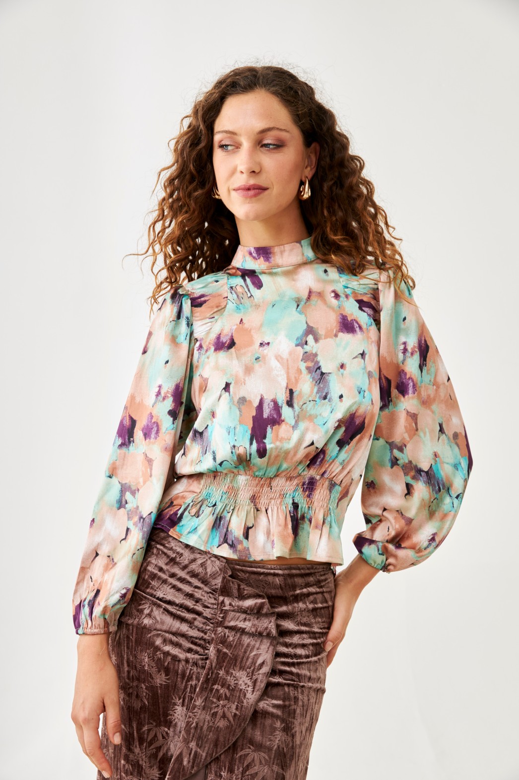 PRINTED BLOUSE WITH MAO COLLAR AND BALLOON SLEEVES 3