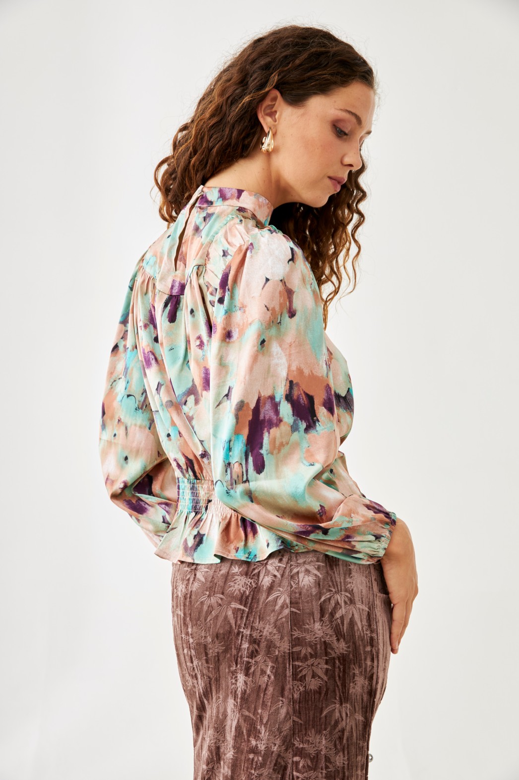 PRINTED BLOUSE WITH MAO COLLAR AND BALLOON SLEEVES 1