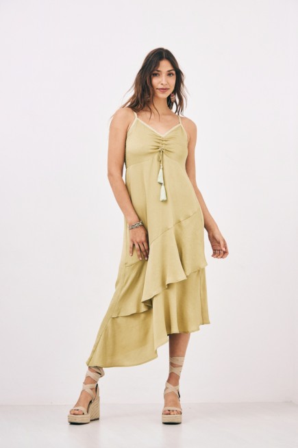  RUFFLES GREEN ASYMMETRIC DRESS