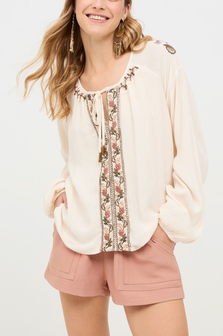 PLAIN BLOUSE WITH EMBROIDERED FRONT