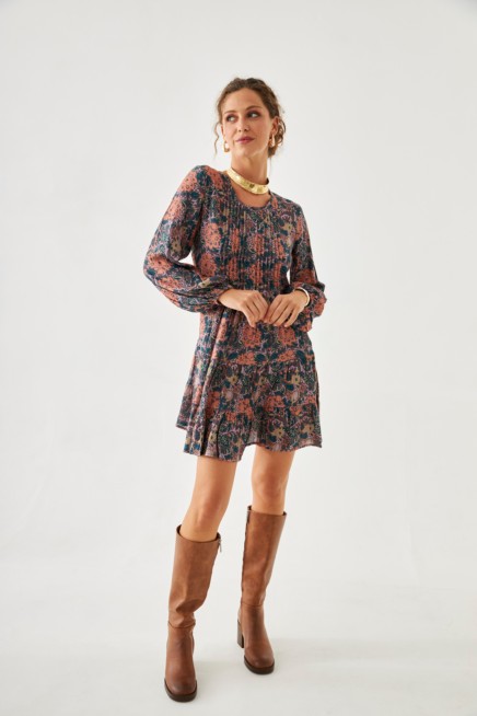 VESTIDO CORTO PLISADO FLORES