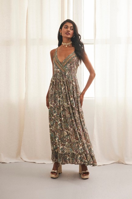 LONG PRINTED DRESS EMBROIDERED NECKLINE