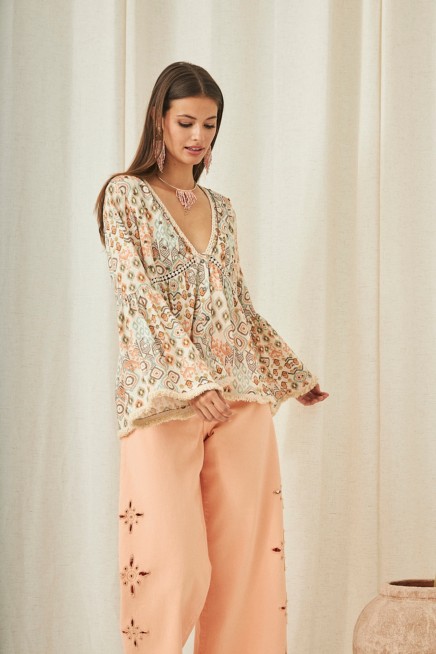 PRINTED LONG SLEEVE BLOUSE WITH BEADS
