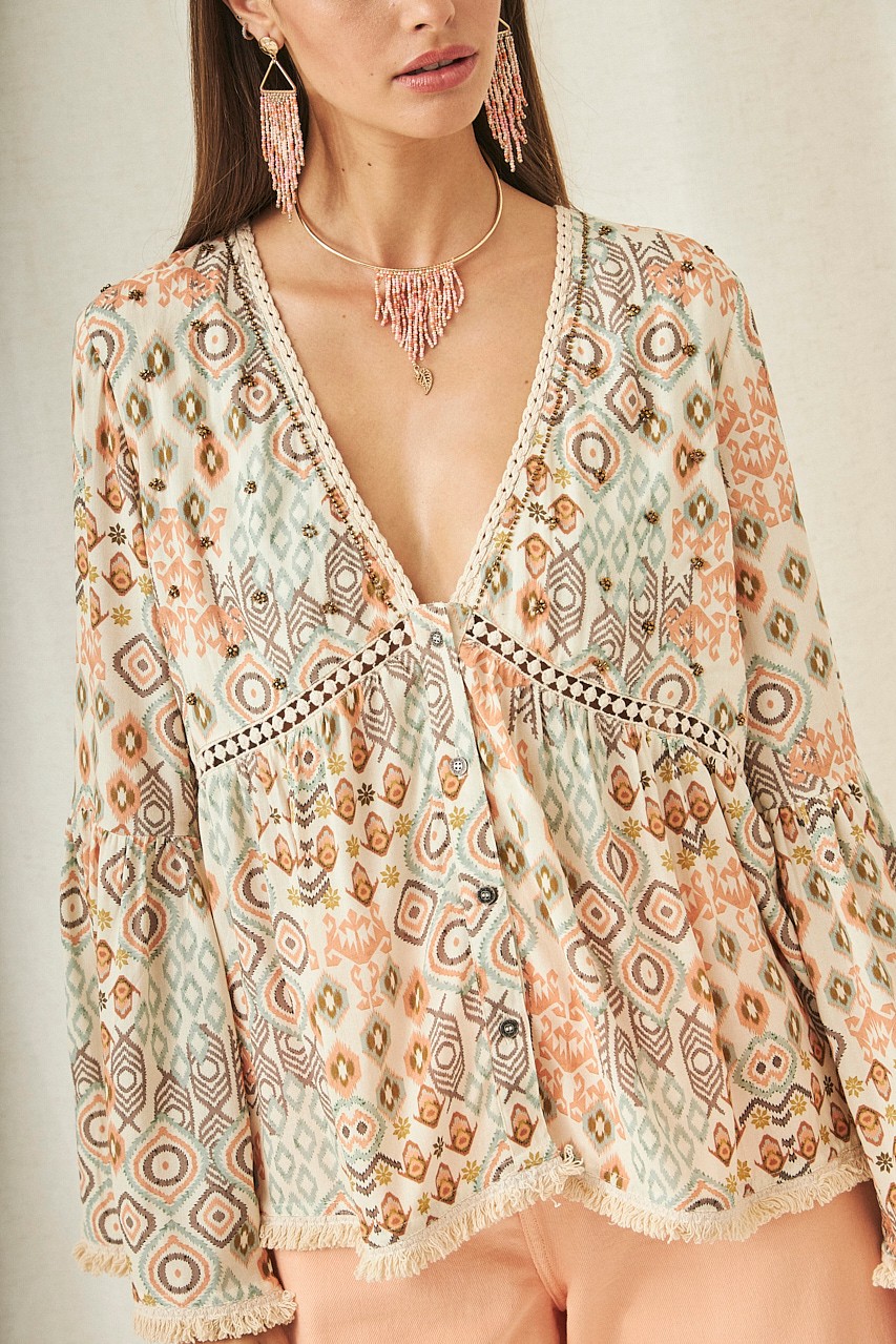 PRINTED LONG SLEEVE BLOUSE WITH BEADS 3