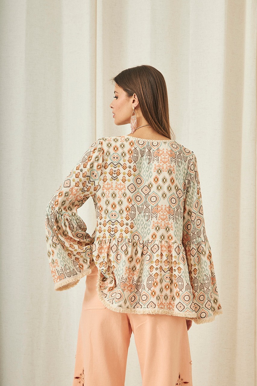 PRINTED LONG SLEEVE BLOUSE WITH BEADS 4