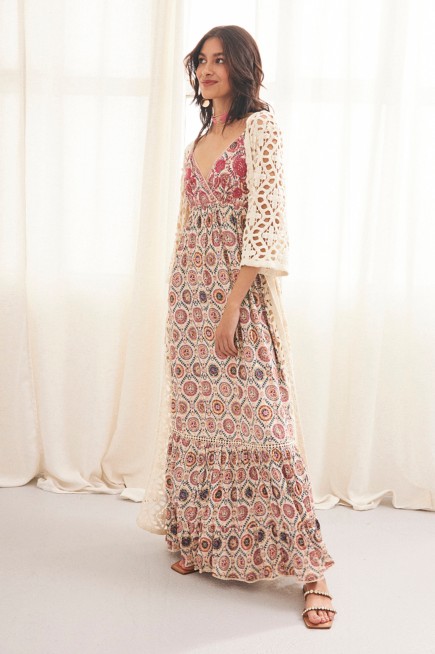 LONG EMBROIDERED PRINTED DRESS