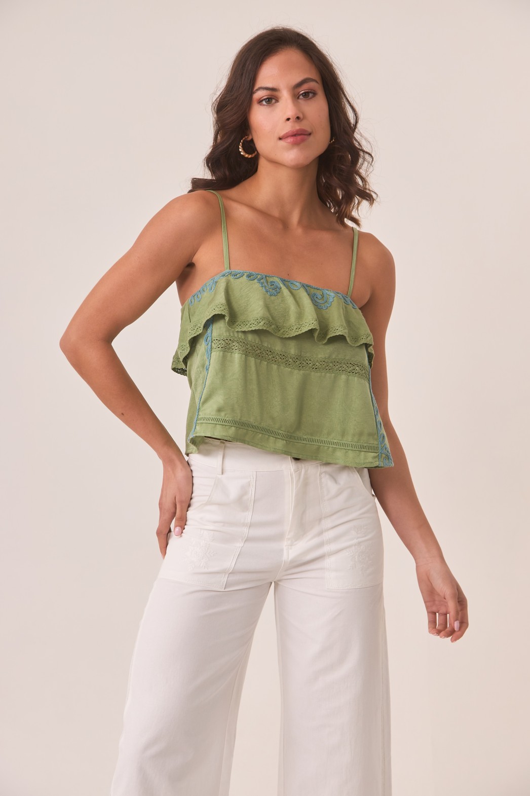 GREEN RUFFLE EMBROIDERED TOP