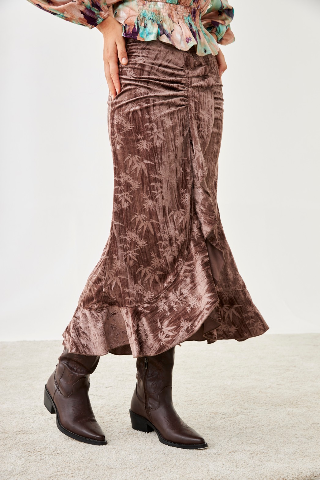 PALM TREES RUFFLED VELVET SKIRT