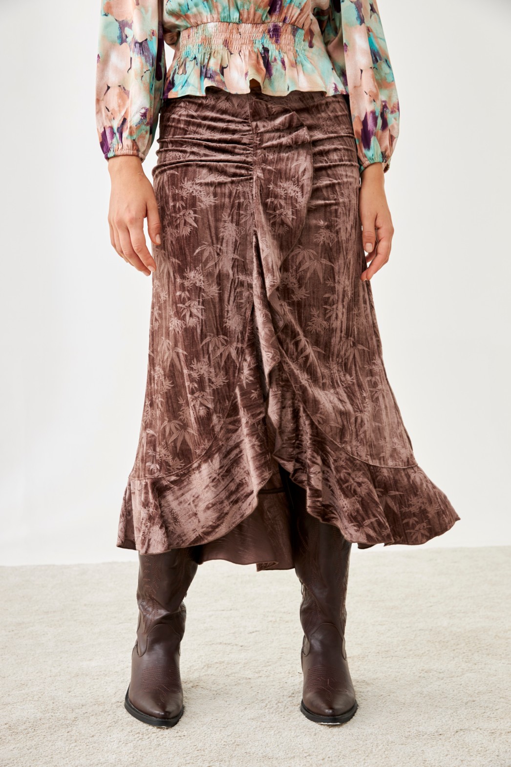 PALM TREES RUFFLED VELVET SKIRT 1