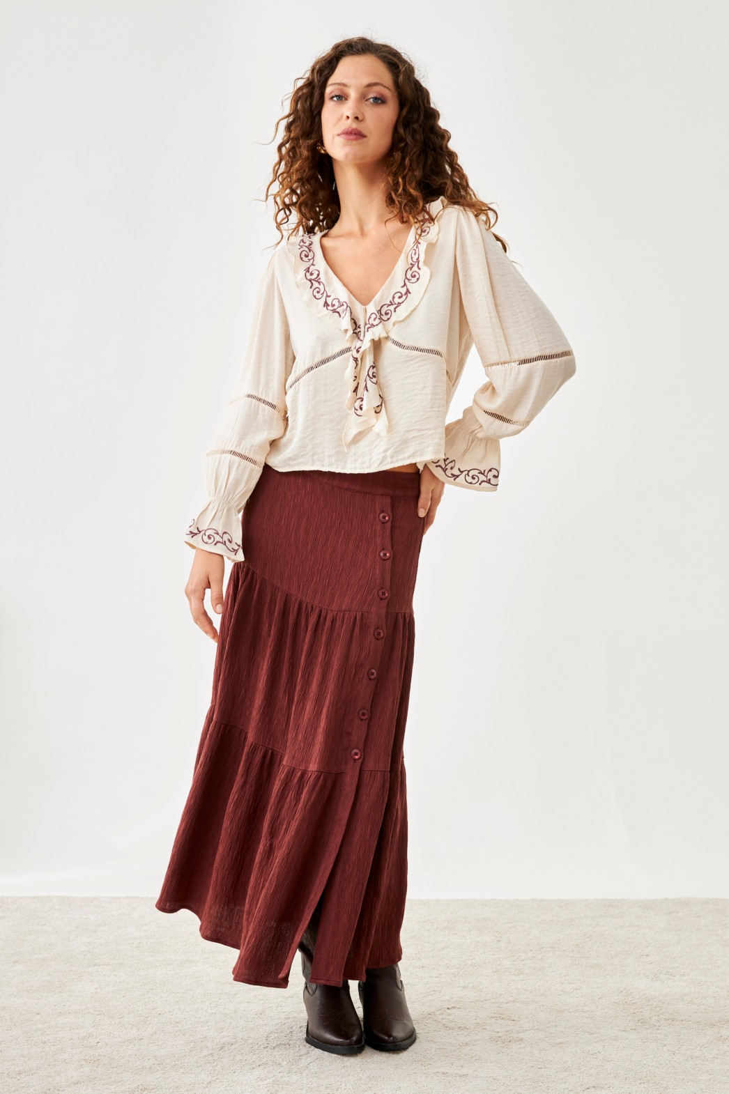 VISCOSE BLOUSE WITH EMBROIDERED FLOUNCE ON NECKLINE 1