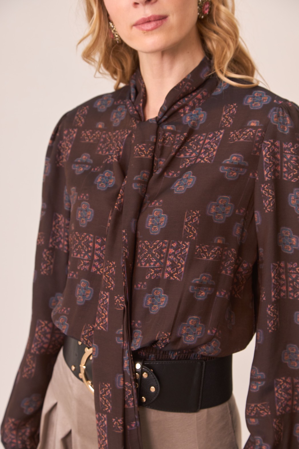 PRINTED VISCOSE BLOUSE WITH LACING AT NECKLINE 1