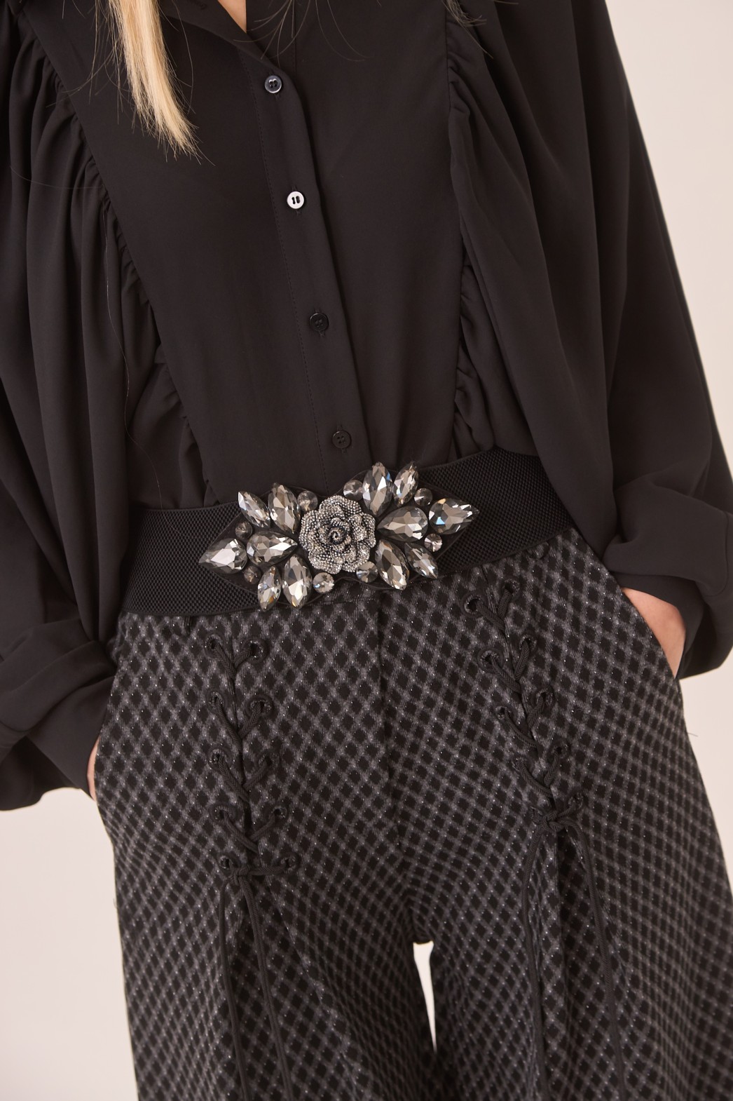 PALAZZO TROUSERS WITH LACEUP DETAIL AND JACQUARD KNITTED FABRIC 1
