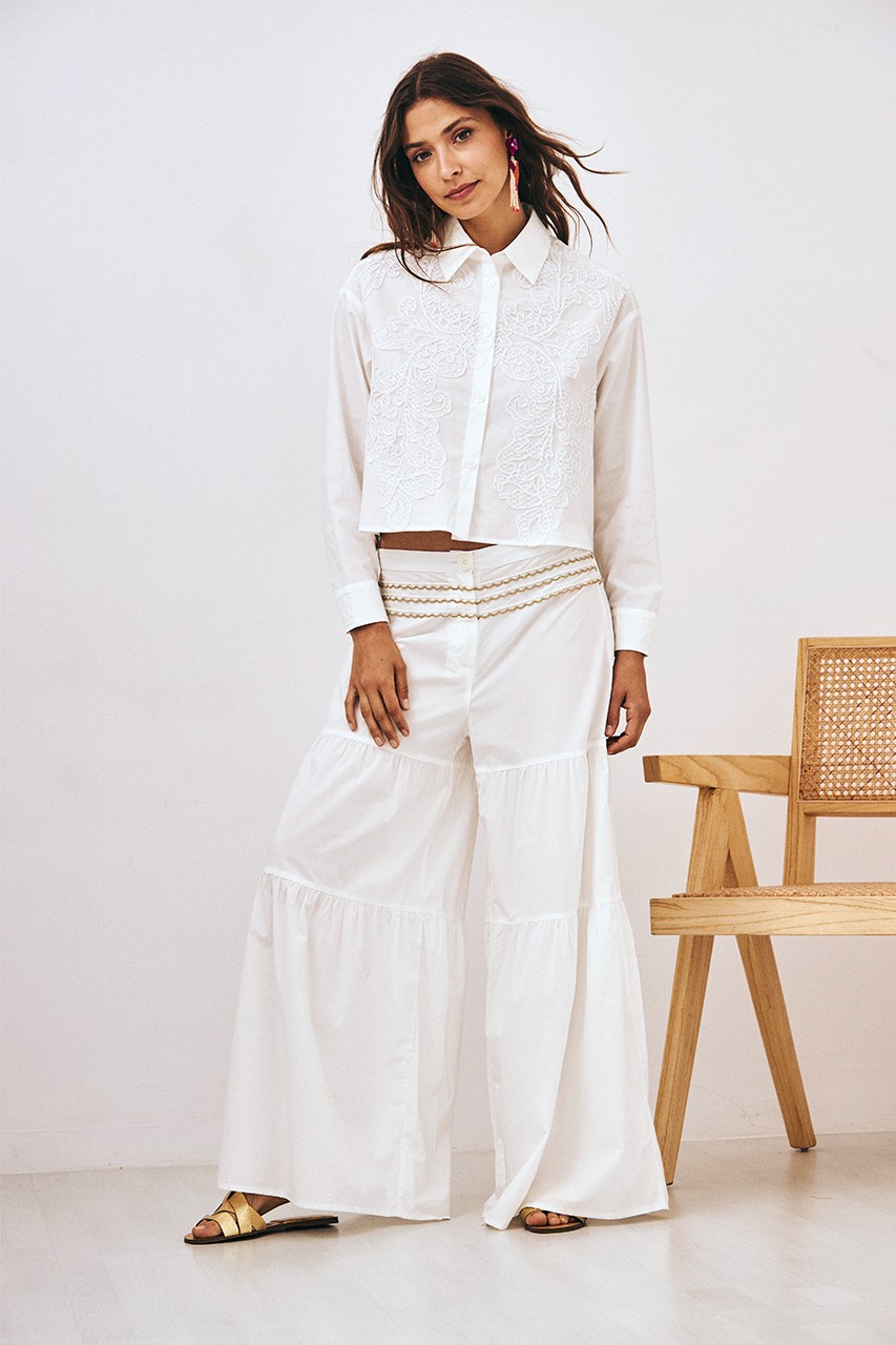 WHITE RUFFLED TROUSERS