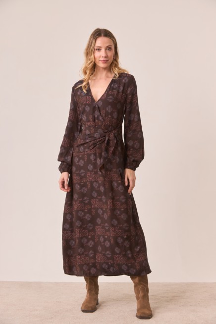 VESTIDO LARGO VISCOSA ESTAMPADA CON LAZADA EN CINTURA