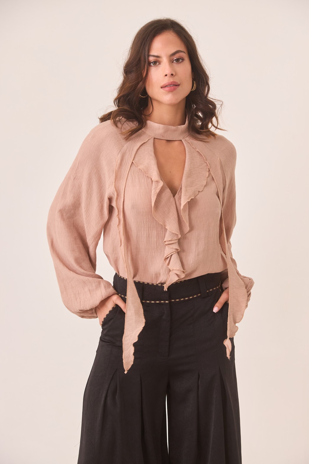 VISCOSE BLOUSE WITH CUT OUT NECKLINE AND FLOUNCES 1