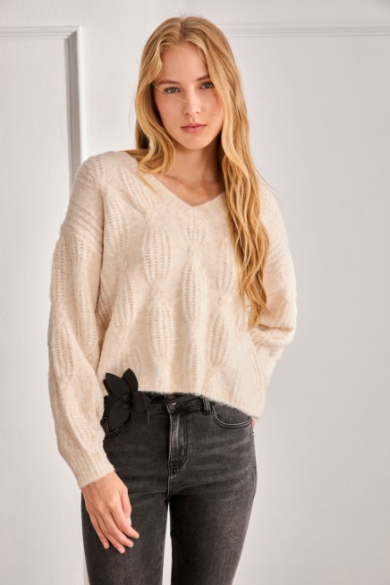 V-NECK BRAIDED KNIT JERSEY
