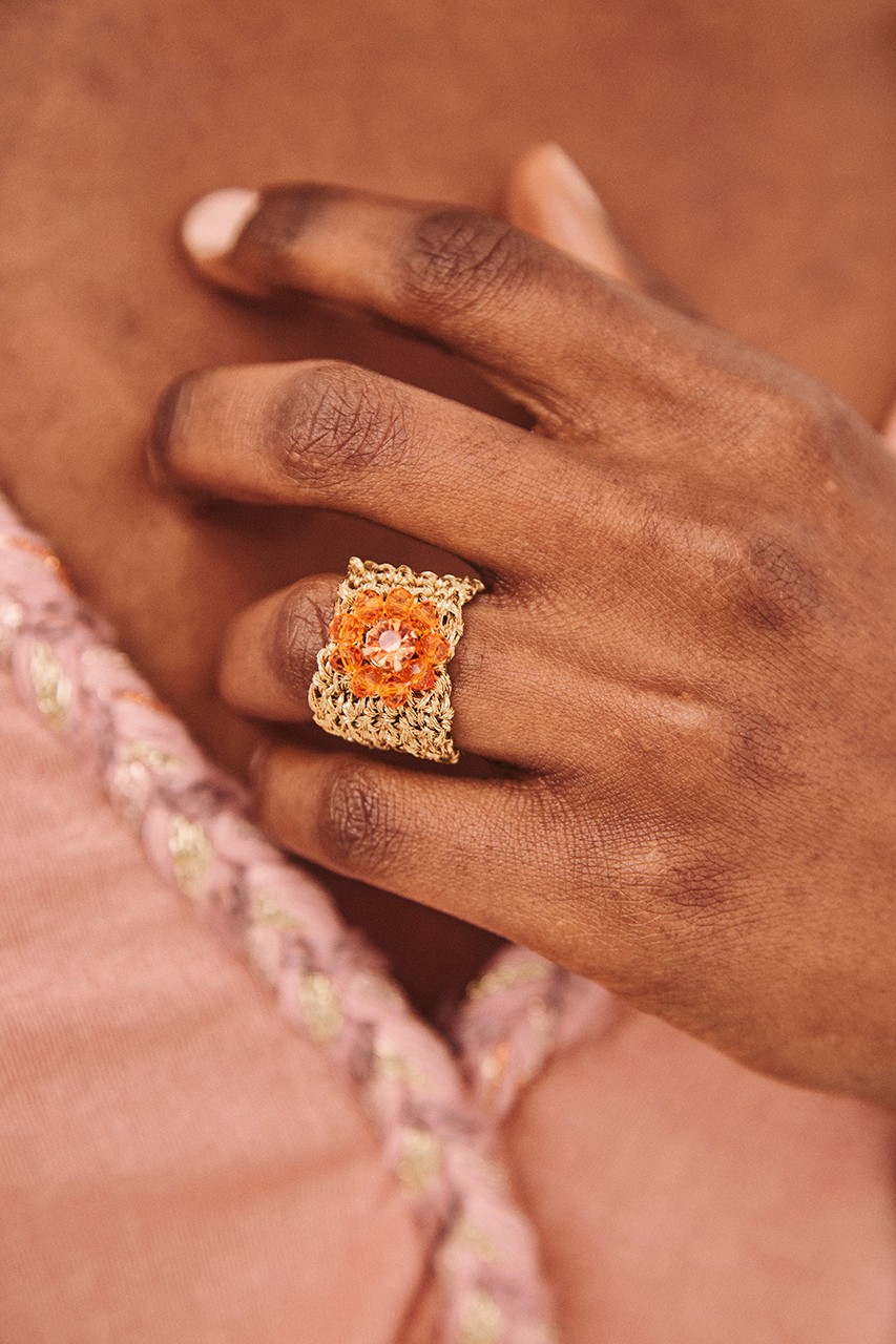 MESH RING FLOWER ORANGE EMBROIDERY