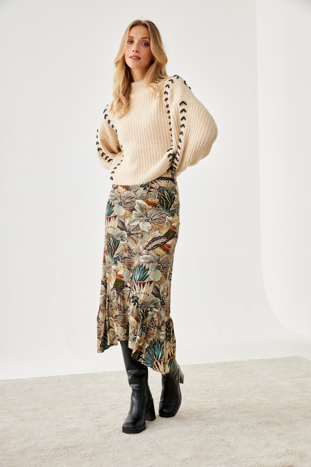 ASYMMETRICAL FLORAL RUFFLE SKIRT