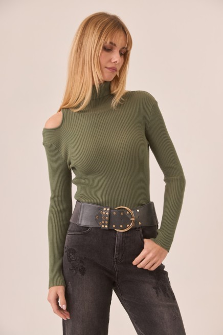 JERSEY DE VISCOSA CUELLO ALTO Y CUT OUT EN HOMBRO