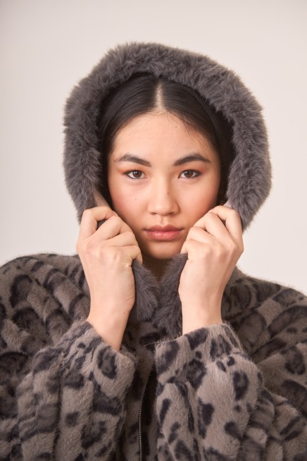 ANIMAL PRINT FUR COAT WITH HOOD
